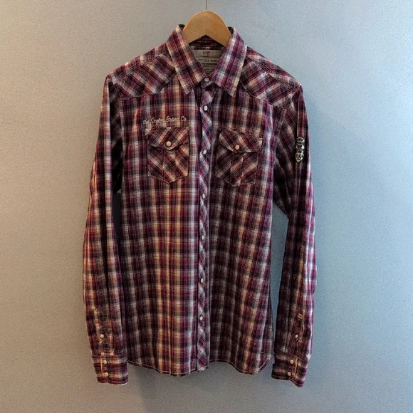 Scotch & Soda Men's Medium Western Long Sleeve Snap Button Down Plaid Shirt - Picture 3 of 16